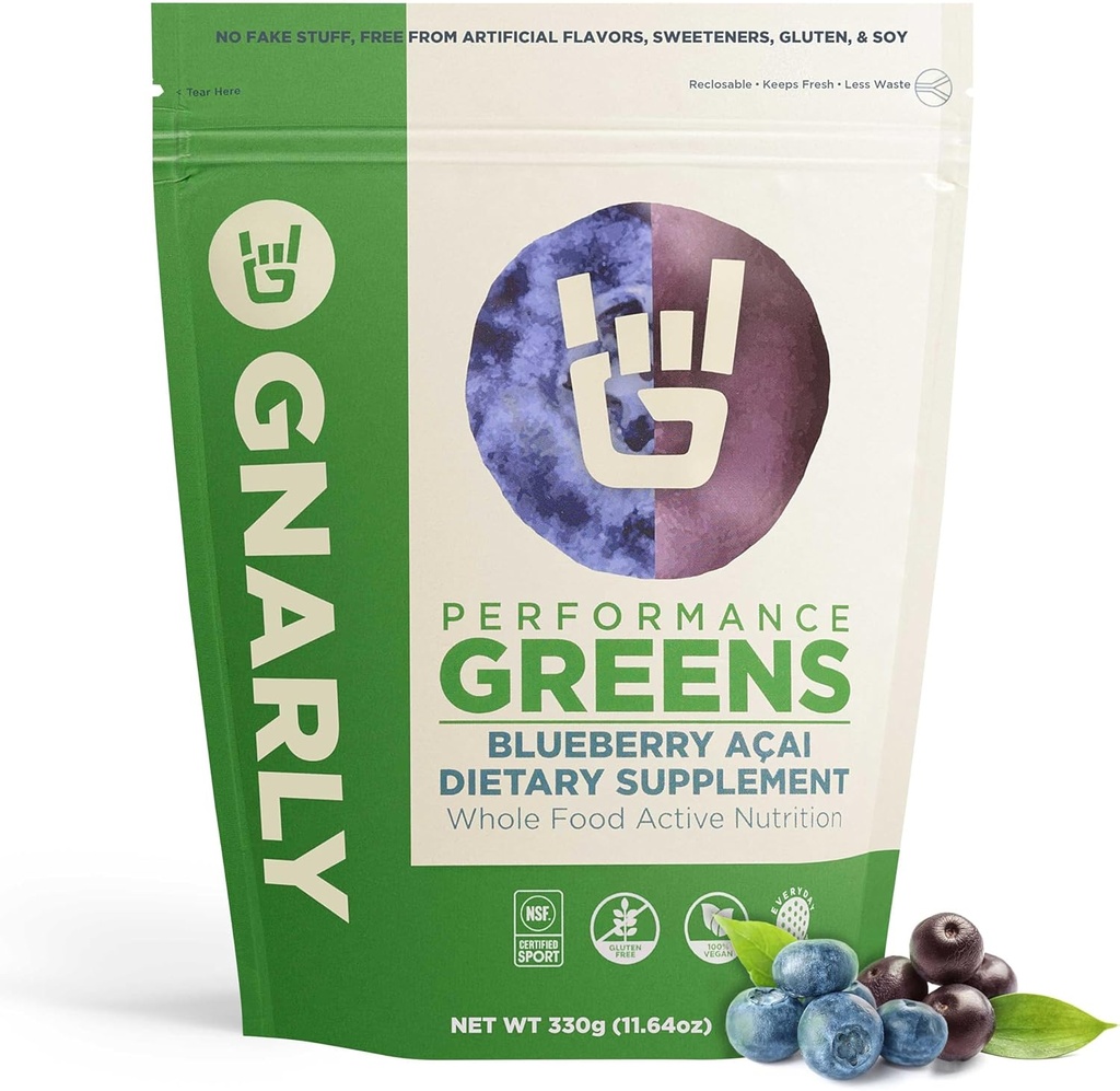 Gnarly Beslenme Yeşilleri Superfood Toz – Blueberry Acai Performansı Süper Yeşiller Toz – NSF Spor Onaylandı – Organik, Probiyotikler & Essential Micronutrients - Blueberry Acai, 11.64 ozz