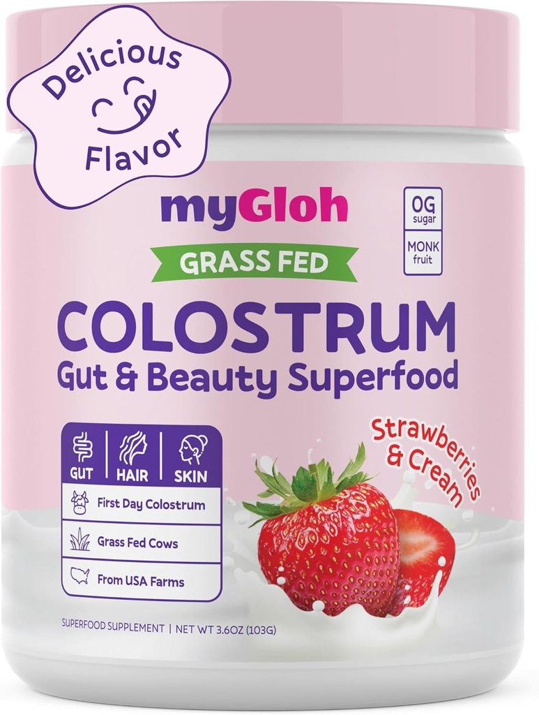 Colostrum Toz Premium | Gut Health & Bloating, Saç Büyüme ve Skin Glow, Immunity | Natural Flavor Strawberries & Cream | Grass-Fed Bovine Colostrum Supplement | High IgG, Gluten Free, Bioactives