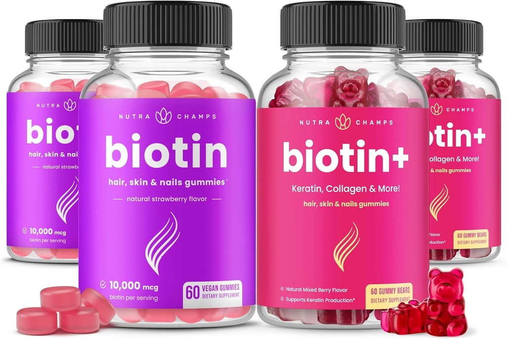 NutraChamps Biotin & Biotin+. Saç, Cilt ve Çiçekler için komple Duo. Biotin, Collagen, Keratin & More