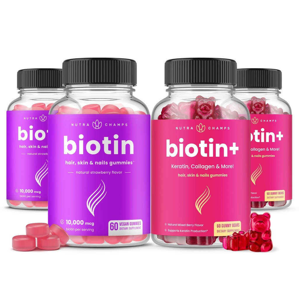 NutraChamps Biotin & Biotin+. Saç, Cilt ve Çiçekler için komple Duo. Biotin, Collagen, Keratin & More