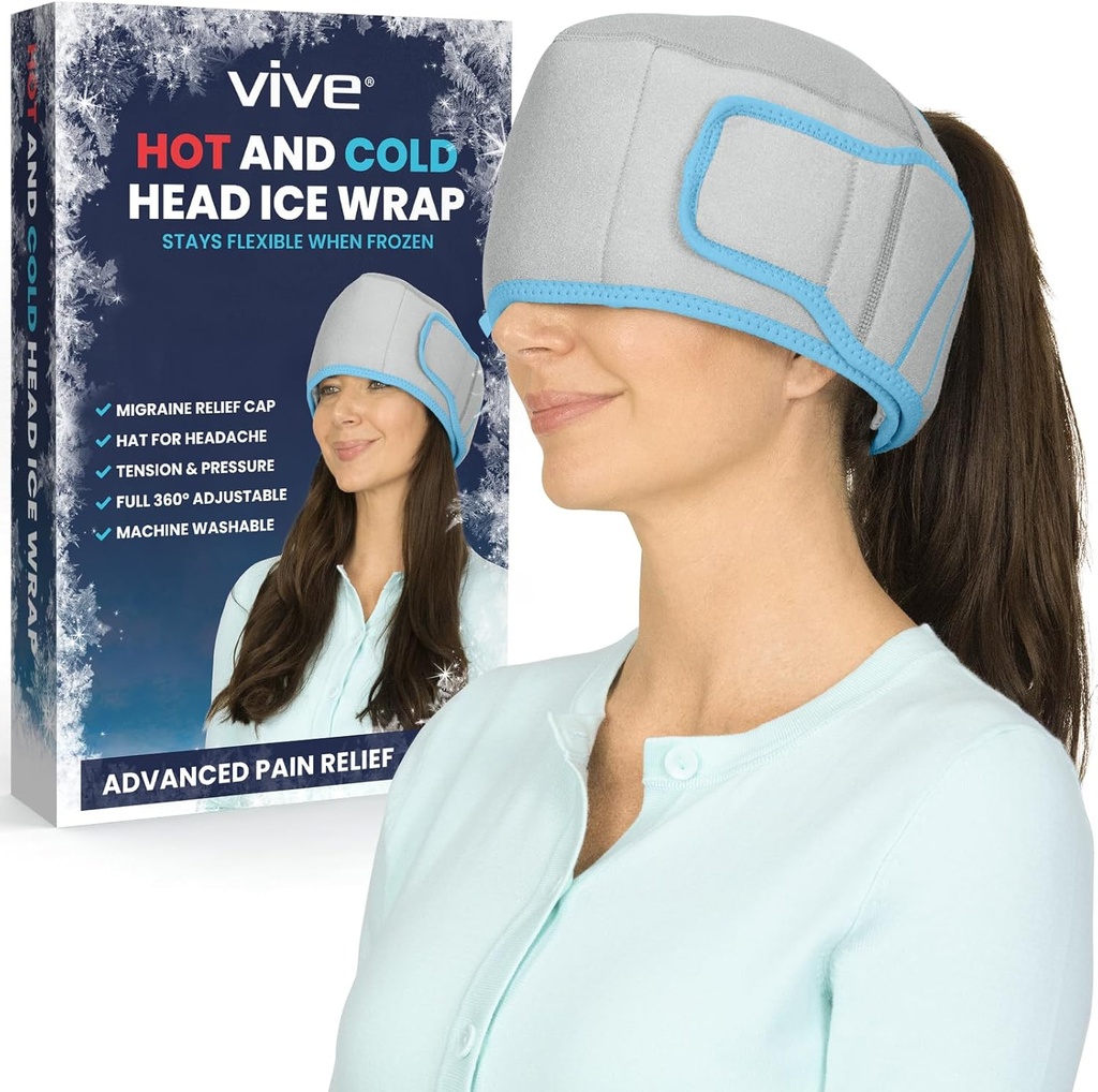 Vive Migraine Relief Cap - Hot & Cold Capsule Hat for Headache - Full Head Ice Roll Beanie & Eye Mask for Ger & Basınç Yardımı - Soğutma Headband - Reusable & Soft Gel Packs