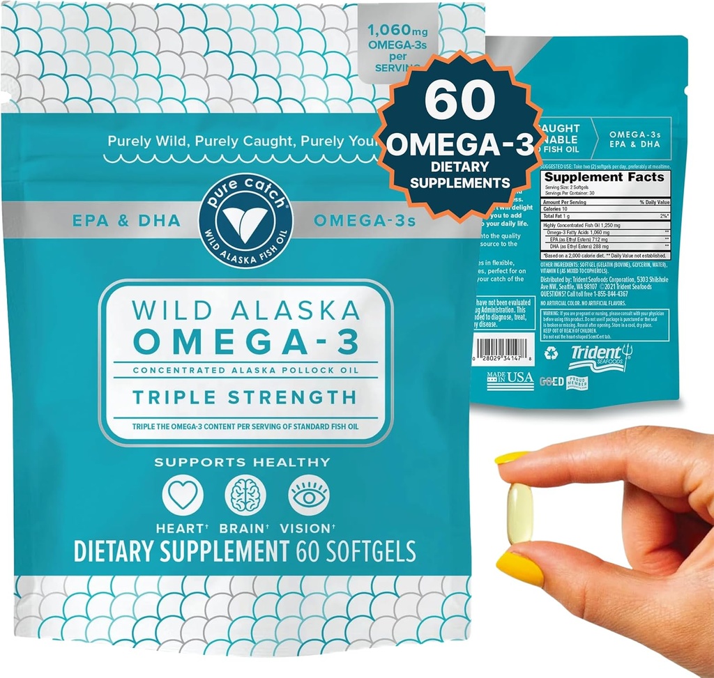 Trident Seafoods Pure Wild Alaskan Fish Oil 1060 mg Triple Strength Omega-3 Fish Oil Supplement for Women and Men - EPA ve DHA - 60 Ct. Daily Citrus Soft Gel Supports Heart, Brain, and Vision