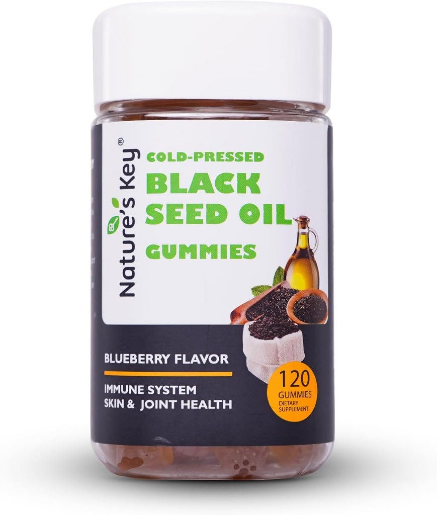 Nature's Key Black Seed Oil Gummies, Support Immunity, Commons, Digestion, Hair & Skin | Cold-Pressed, 200 mg Nigella Sativa Tohum Yağı, C, Ginger, Pomegranate (Mavi Kayvor 120)