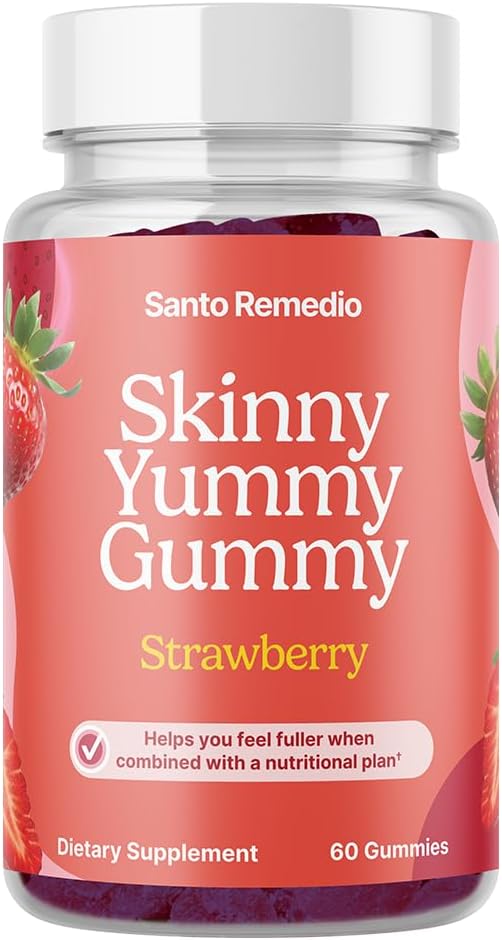 Santo Remedio, Entalla, Skinny Yummy Gummy, Nutritional Supplement, Gummy Fiber for Digestive Gut Support, 60 Fiber & Prebiyotik Gummies, Strawberry Flavor, 30 Hizmetler