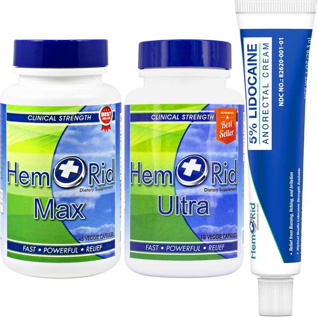HemRid Complete Hemorrhoid Care System – Potent% 5 Lidokak Krem Hızlı Topic Comfort için, Devamlı Vascular Health ve Circulatory Support için Max Ultra Capsules