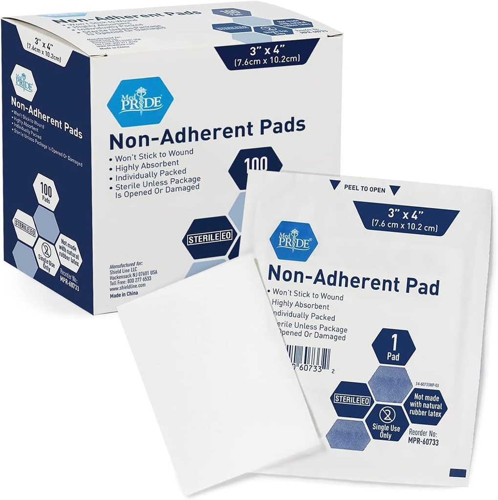 MED PRIDE Sterile Non Stick Pads for Wound Care and Wounds, Highly Absorbent, Painless Removal, Individually Wrapped (3x4 Inch (Pack of 100))