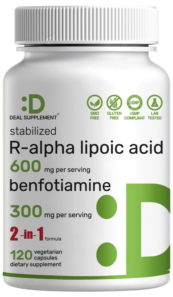 DEAL SUPPLEMENT R Alpha Lipoic Acid 600 mg with Benfotiamine 300 mg Per Servis, 120 Veggie Capsules – 200 mg R-ALA Per Capsule – Antioksi Supplement for Energy & Nervous System Support