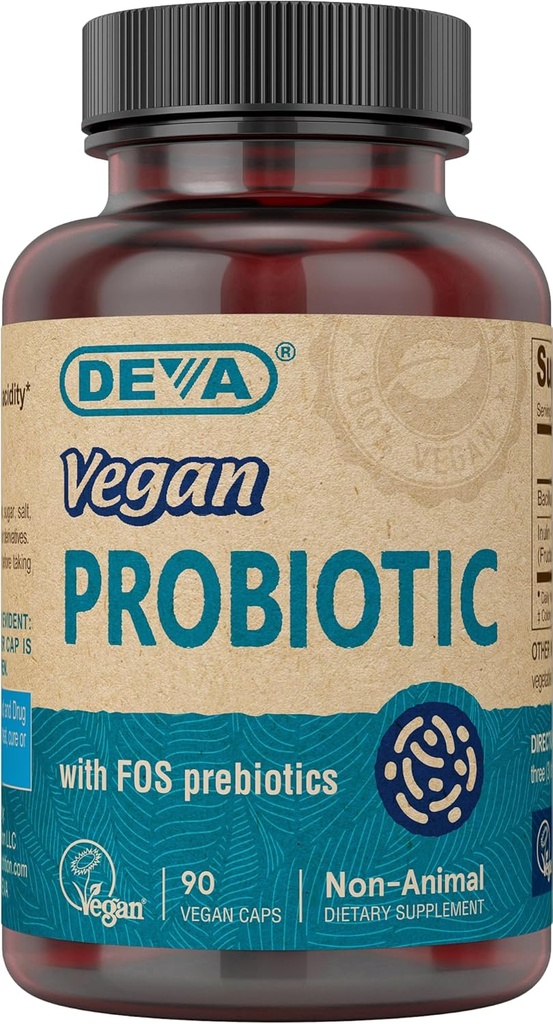 DEVA Vegan FOS Prebiyotiks Supplement ile Probiyotik - Erkekler ve Kadınlar için 100 MG Prebiyotikle 2 Milyar CFU - Non-Dairy Gluten Ücretsiz - Doğal Raf Stable - 90 Capsules
