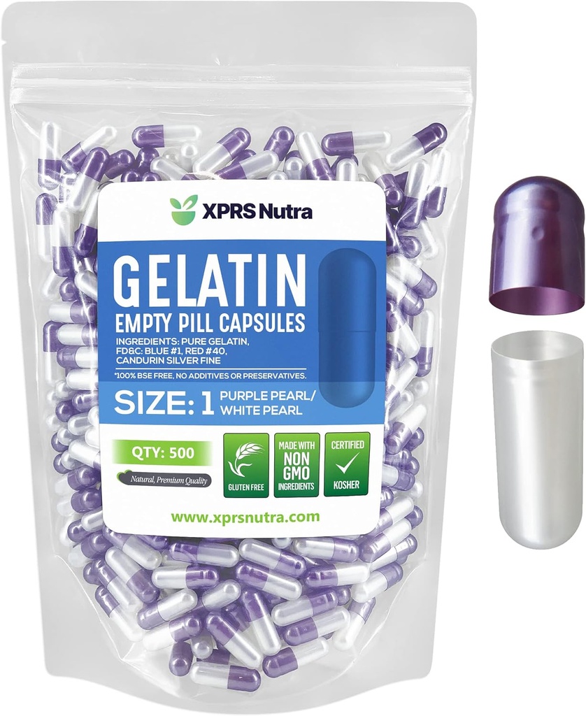 XPRS Nutra Boyutu 1 Boş Kapsüller - 500 Kont Boş Gelatin Capsules - Pill DIY Capsule - Pure Bovine Pill Gel Caps for Do-It- Yourself Supplements (Pearl Mor/White)