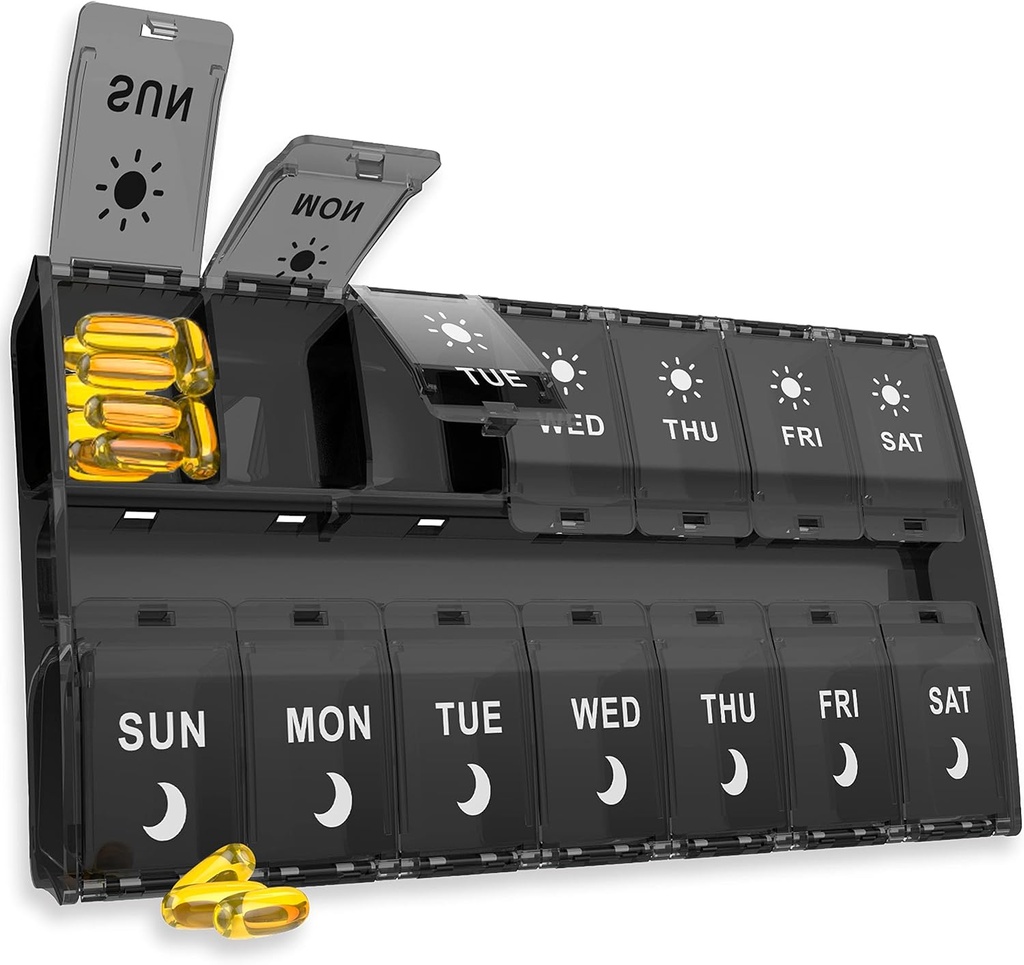 XL Büyük Pill Organizer 7 Gün, Haftalık Tıp Pill Box 2 Zaman Bir Gün,Am Pm Pill Case Organizelı Lids Design,Daily Box Pill columns for Fish Oil/Supplements (Black)
