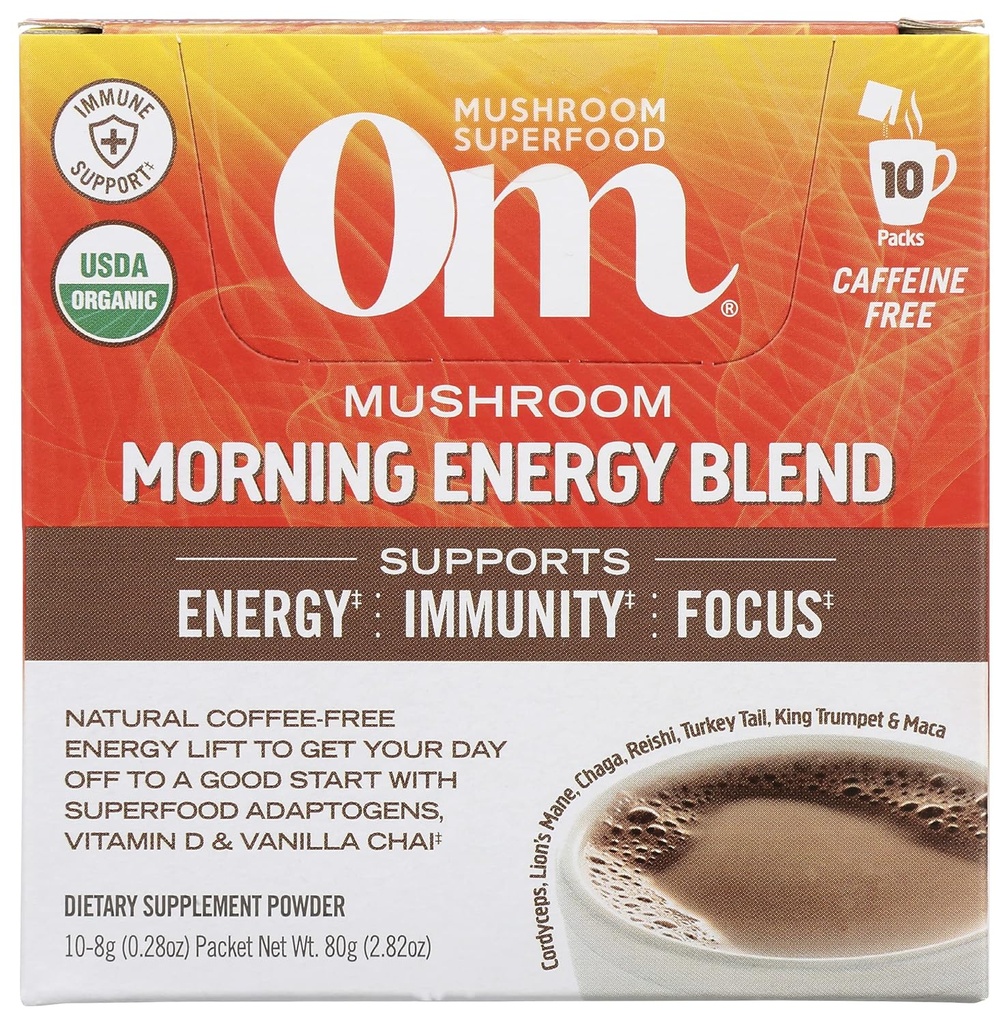 Om Mushroom Superfood Morning Energy Mix Mushroom Toz İçecek, Kahve Özgür Enerji Cordyceps, D2, Agaricus Bisporus, Lion's Mane, Rhodiola ve Türkiye Tail, 10 Kont, 2.82 Oz Oz
