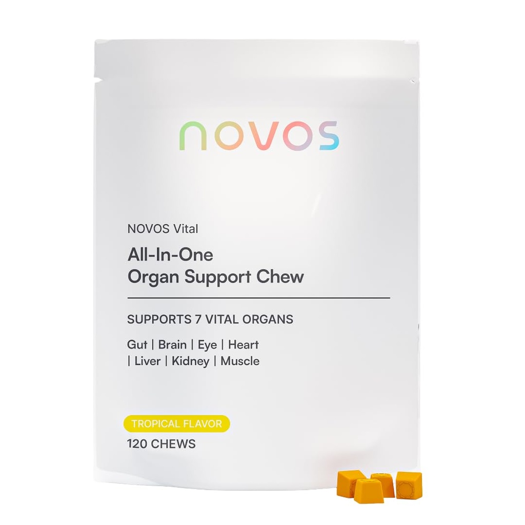 Novos Vital Chews | All-In-One Organ Support | Liver, Brain, Eyes, Heart & Gut Support for Men & Women | Nattokinase, Lutein, Inulin, Rutin & More | Tropical Flavor (120 Count)