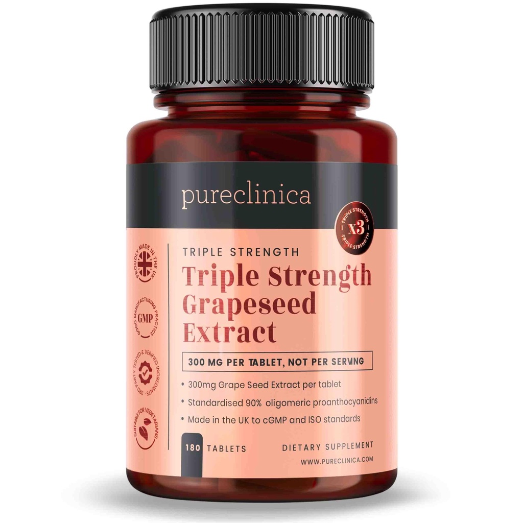 Pureclinica Grape Seed Extract 300mg x 180 δισκία - 90% Ολιγομερές Προανθοκυανιδίνες. 300% δυνατότερος από τον κανονικό σπόρο σταφυλιών.