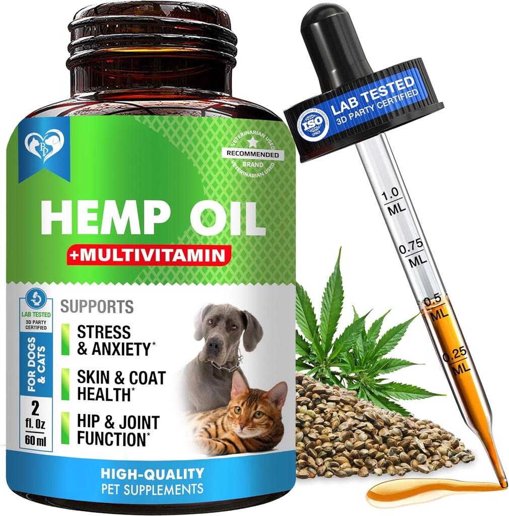 Cat & Dog Hemp Oil Drops with Multivitamin - Pet Calming Anti kaygı & Hip ve Ortak Ağrı Desteği ve Anti Stres Desteği - Doğal Sıvı Supplement (2 oz)