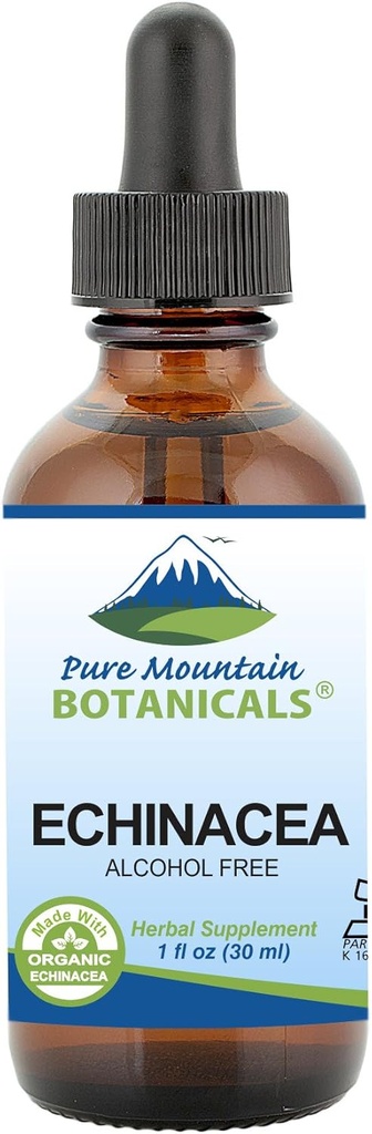 Pure Mountain Botanicals Liquid Echinacea Drops – Kosher Tincture Alcohol Free Extract - 500mg Organic Echinacea -1oz Bottle