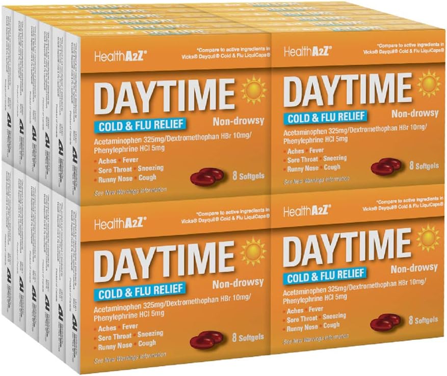 HealthA2Z® Daytime | Cold & Flu Medicine | Powerful Multi-Symptom Daytime Relief | Cold & Flu Medicine (8 Count (Pack of 24))