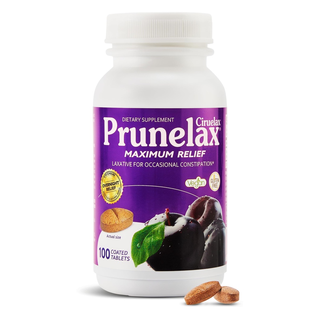 Prunelax Ciruelax Maximum Relief Laxative Tablets με Φυσική Senna για περιστασιακή δυσκοιλιότητα, Senna Extract, Vegan & Gluten-free, Gentle Overnight Relief - 100ct