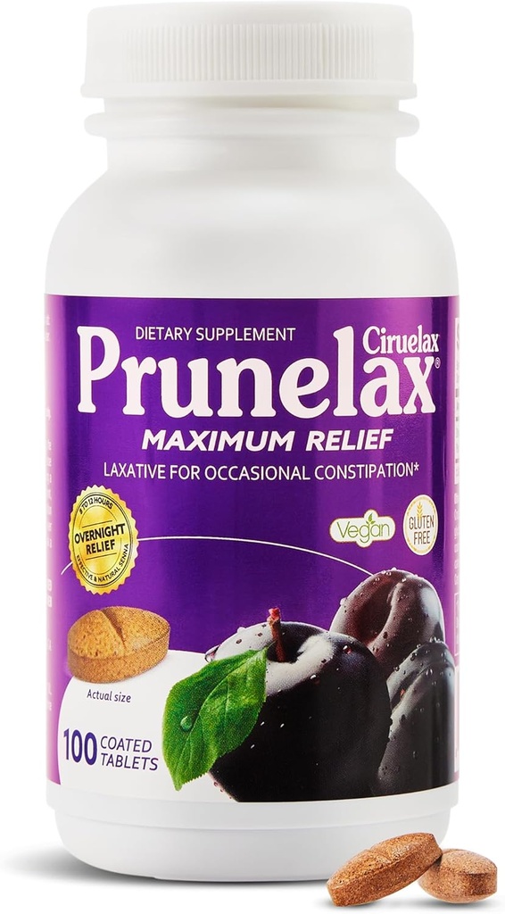 Prunelax Ciruelax Natural Senna for Occasional Constipation, Senna Extract, Vegan & Gluten-Free, Gentle Overnight Relief - 100ct