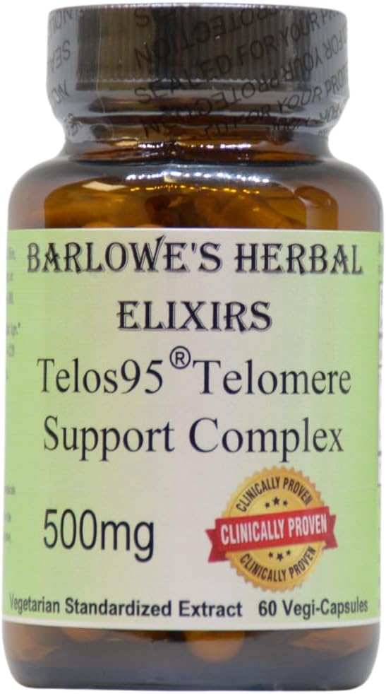 Barlowe's Herbal Elixirs Telos95® Telomere Support Complex | Advanced Cellular Health & Longevity Formula | 500mg with Astragalus Extract | Non-GMO, Stearate-Free, Glass Bottled