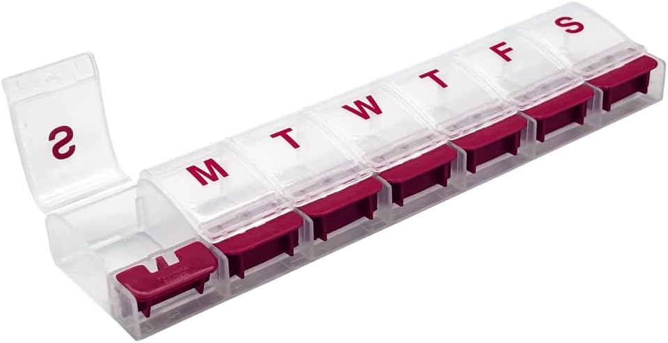 EZY DOSE Weekly (7-Day) AM/PM Günlük Push Düğme Pill Organizer, Vitamin Case ve Tıp Konteyner, X-Large Karşılaştırmaları, Arthritis Friendly, Use, Clear/Red, Faraday Free