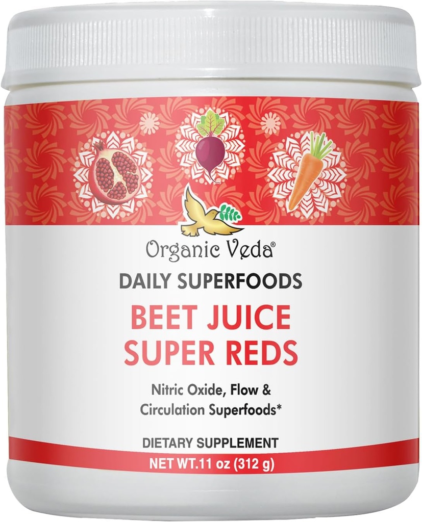 Βιολογικό συμπλήρωμα Veda Beet Root Powder Juice με Superfood Reds - Σκόνη χυμού τεύτλων με Nitric Oxide για την υποστήριξη της κυκλοφορίας, της ενέργειας, της αντοχής, και Stamina - Vegan, Non-GMO - 11 oz
