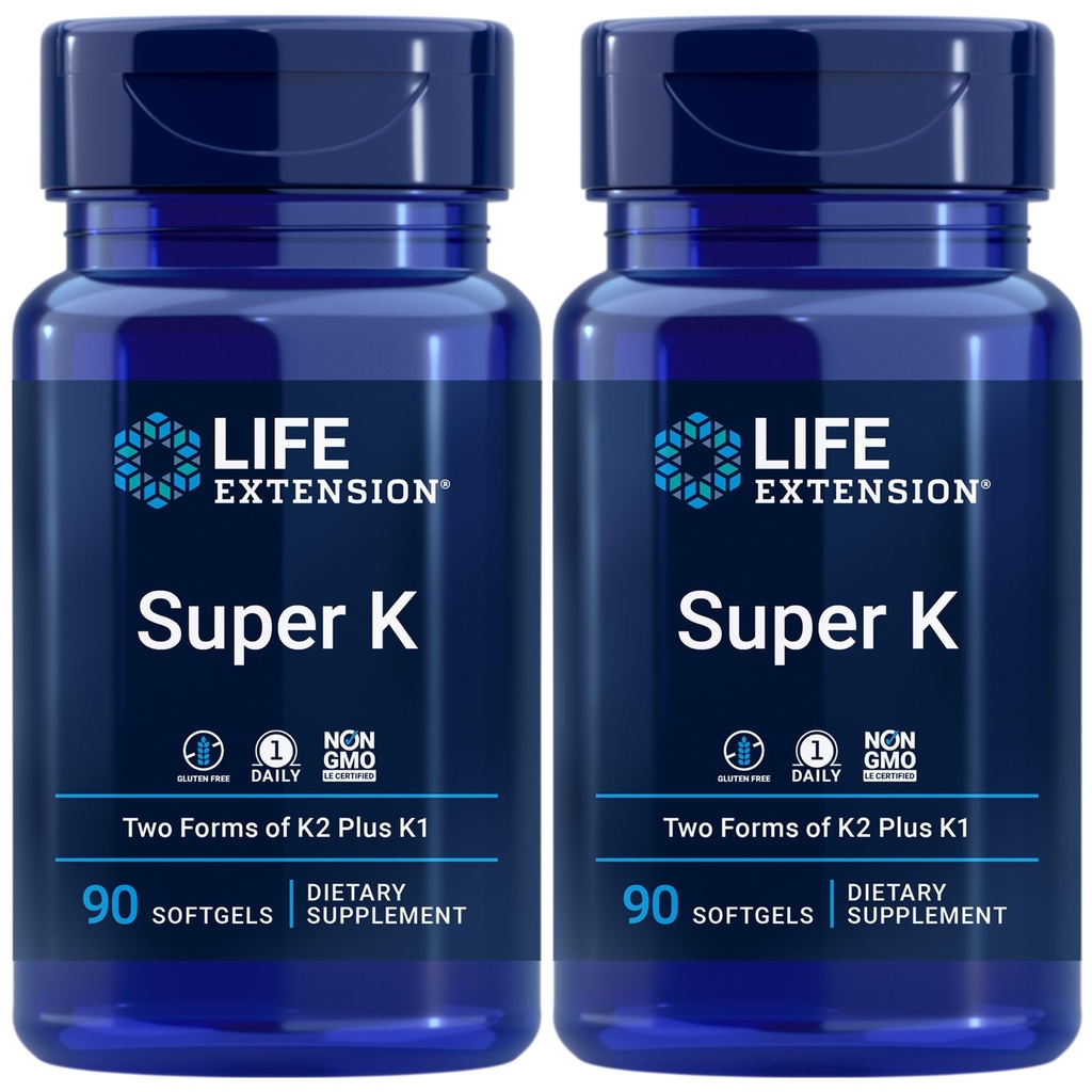 Life Extension Super K, Vitamin K1, Vitamin K2 mk-7, Vitamin K2 mk-4, C, Bone/Heart/arterial Health, 3-Month Supply, Gluten-Free, 1 Daily, Non-GMO, 90 softgels (Pack of 2)