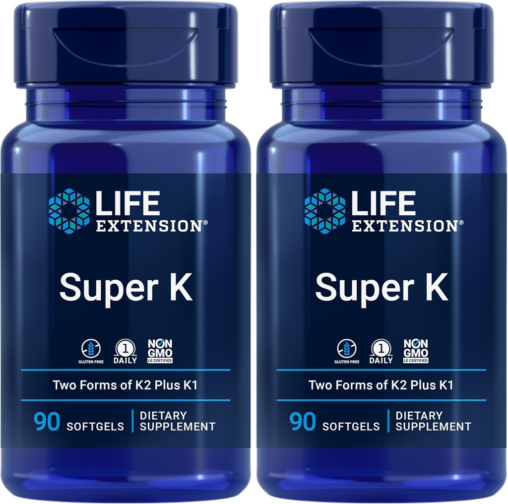Life Extension Super K, Vitamin K1, Vitamin K2 mk-7, Vitamin K2 mk-4, C, Bone/Heart/arterial Health, 3-Month Supply, Gluten-Free, 1 Daily, Non-GMO, 90 softgels (Pack of 2)