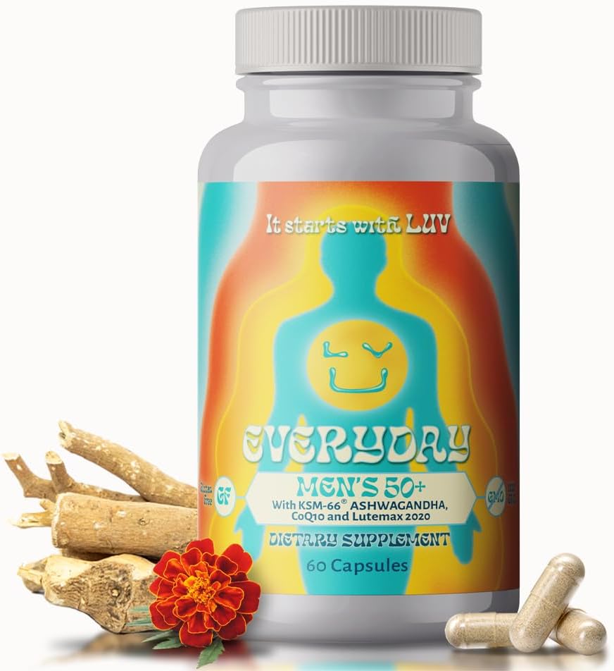 LUV EverydayTM Men's 50+ Multivitamin - Yetişkin Günlük Beslenme Desteği Demir, Kalsiyum, KSM-66 Ashwaganda, CoQ10, Lycopene ve Lutemax 2020- Vegetarian Gluten-Free & Non-GMO - 60 Capsules