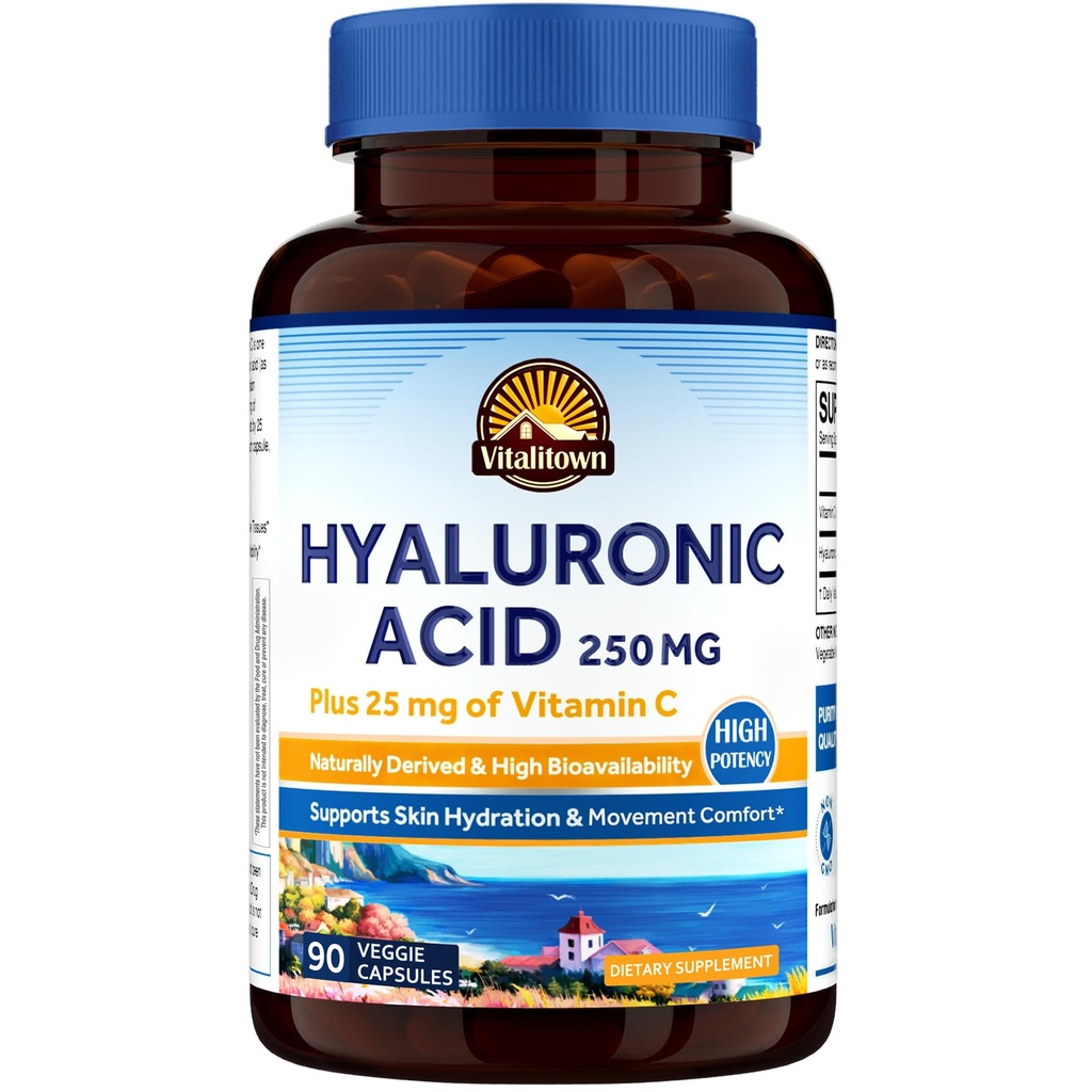 Vitalitown Hyaluronic Acid Supplements 250 mg, Plus 25 mg C, Doğal Türlü & High Bioavailability, Skin Hydration, 90 Vegan Capsules, 3 Ay Supply