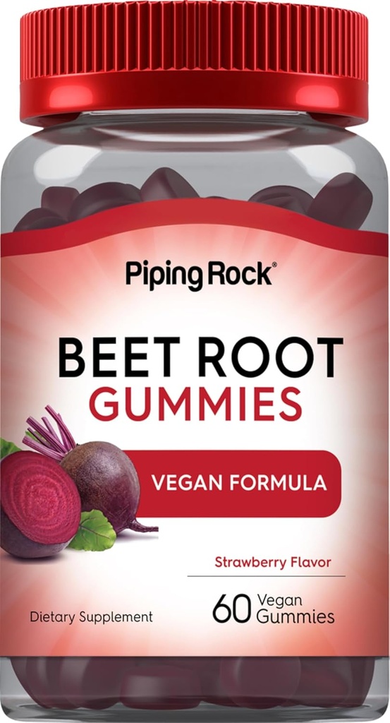 Piping Rock Beet Root Gummies | 60 Kont | Erkekler ve Kadınlar için | Nitrik Oksit Tamam | C ve Black Pepper | Strawberry Flavor | Vegan, Non-GMO, Gluten Free