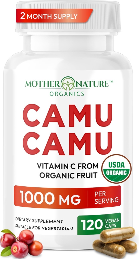Camu Camu Capsules 1000 mg'dan Organik C Vitamini, Doğal VIT C, Raw Antioksis - Immune Support Supplement & Anti-Aging for Skin - Toz Organik, Vegan, Non-GMO (120 Kont)