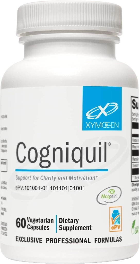 XYMOGEN Cogniquil - Υποστήριξη για την σαφήνεια, εστίαση, κίνητρο, ψυχική και φυσική ενέργεια - Μαγνήσιο L-Θρεονικό για την παροχή βιοδιαθέσιμο μαγνήσιο στον εγκέφαλο, τη θεακρίνη + βιταμίνη Β12 (60 κάψουλες)