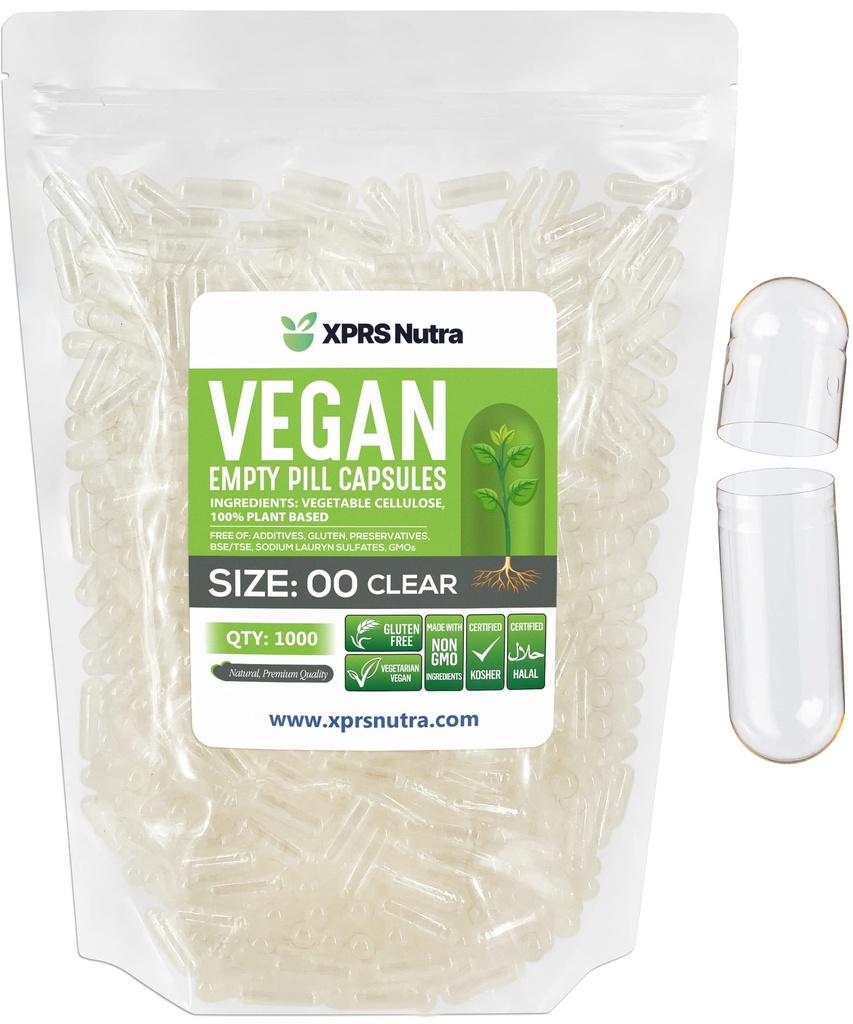 XPRS Nutra Boyutu 00 Boş Kapsüller - 1000 Clear Count Boş Vegan Capsules - Vegetarian Boş Pills - DIY Sebze Kapsülü - Veggie Pill Caps