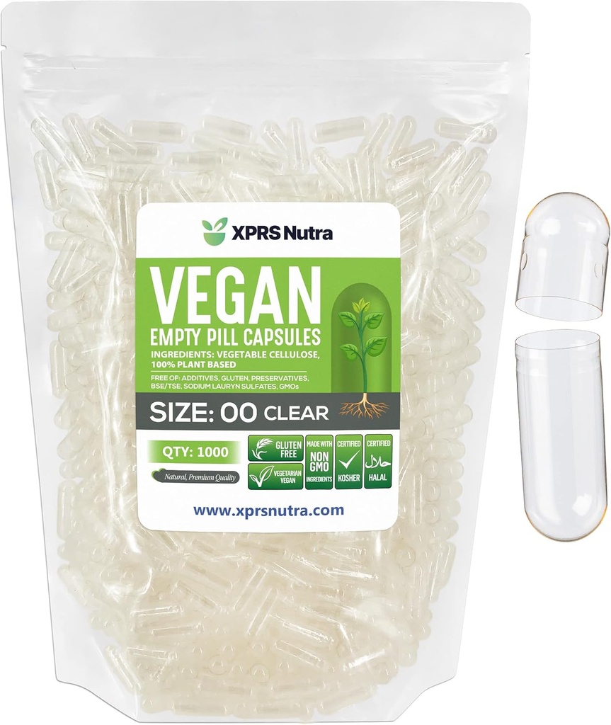 XPRS Nutra Boyutu 00 Boş Kapsüller - 1000 Clear Count Boş Vegan Capsules - Vegetarian Boş Pills - DIY Sebze Kapsülü - Veggie Pill Caps