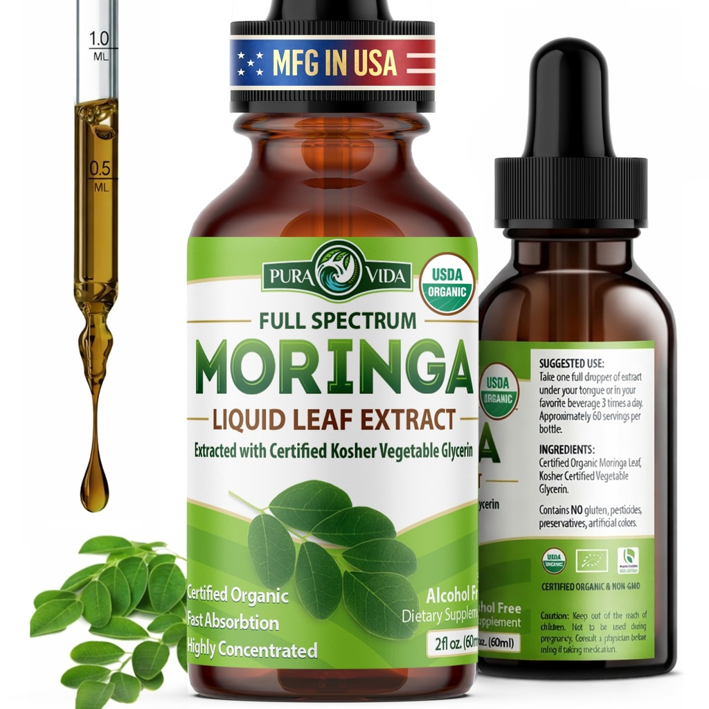PURA VIDA MORINGA Leaf Extract Liquid Drops - USDA Organik Onay - Yüksek Lisanslandı, Biyo kullanılabilir & Daha Hızlı A Vitamini Moringa Toz veya Capsules - Single Origin Moringa Oleifera Leaves
