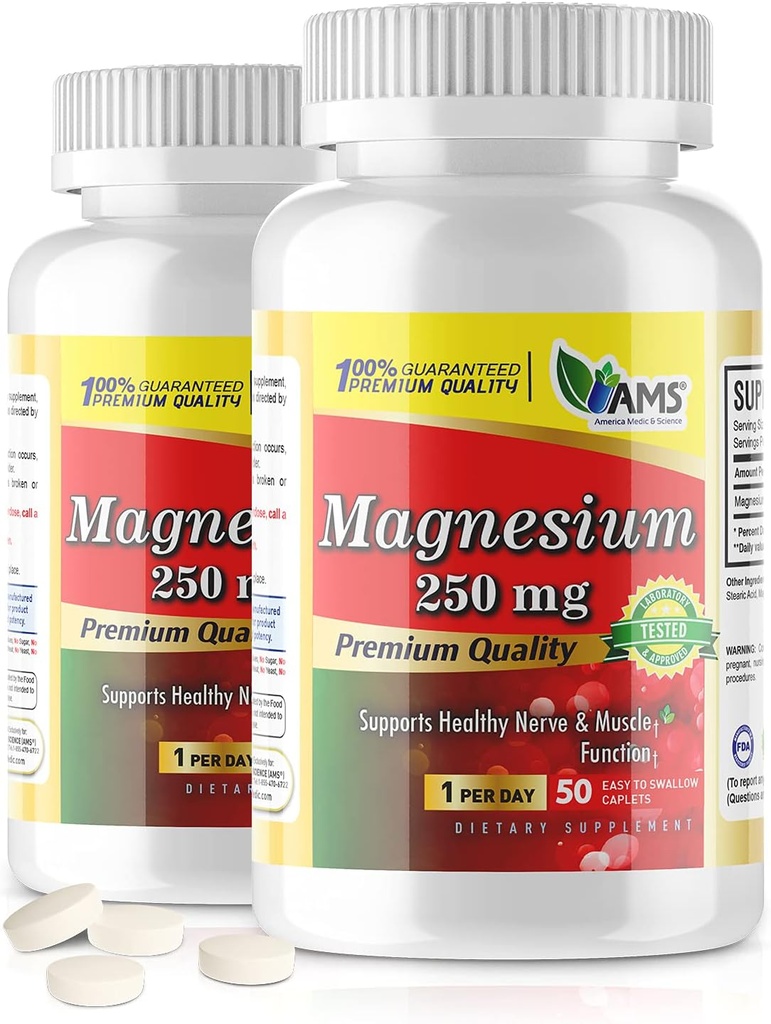 Amerika Medic & Science Magnezyum 250 mg (100 Caplets) | 2 Şişe Paketi | Erkekler ve Kadınlar için Magnezyum Oksit Tamamı | Sağlıklı Nerve ve Kas Fonksiyonlları | Egzersiz Performansları Egzersiz Performansları |