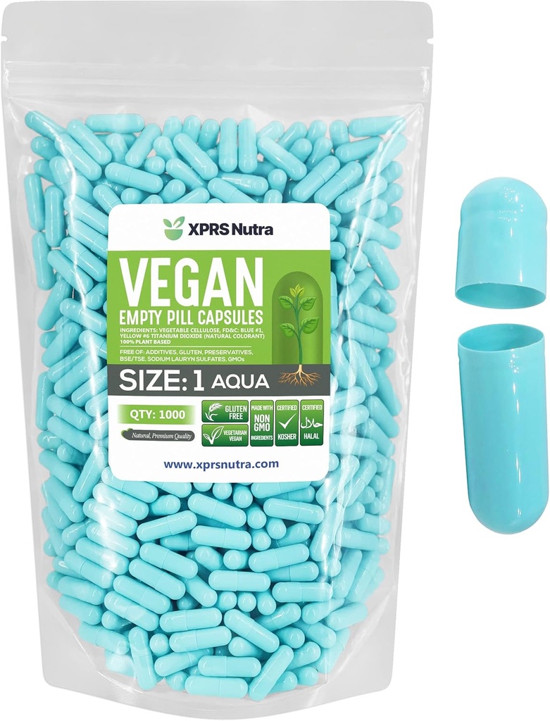 XPRS Nutra Boyutu 1 Boş Kapsüller - 1000 Kont Boş Vegan Capsules - Vejetaryen Pills - DIY Sebze Kapsülü - Veggie Pill Caps For Do-It- Yourself Supplements (Aqua)