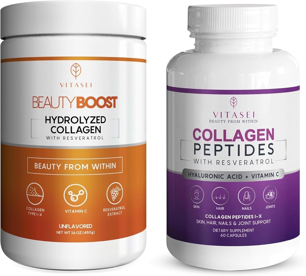 VITASEI Collagen Wellness Sche – Hydrolyzed Collagen Hydro Toz & Collagen Peptide Capsules with Vitamin C & Resveratrol - Saç, Skin, Nails, Bones, & Commons
