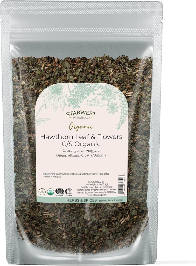 Starwest Botaniks Organik Hawthorn Leaves & Çiçekler - Çay için Herb'ı Kuru Loose Leaf Herb, Kadınlar ve Erkekler için Doğal Wellness Desteği, Cut & Sifted, Sertifikalı Kosher, Non-GMO - 4 oz Pouch