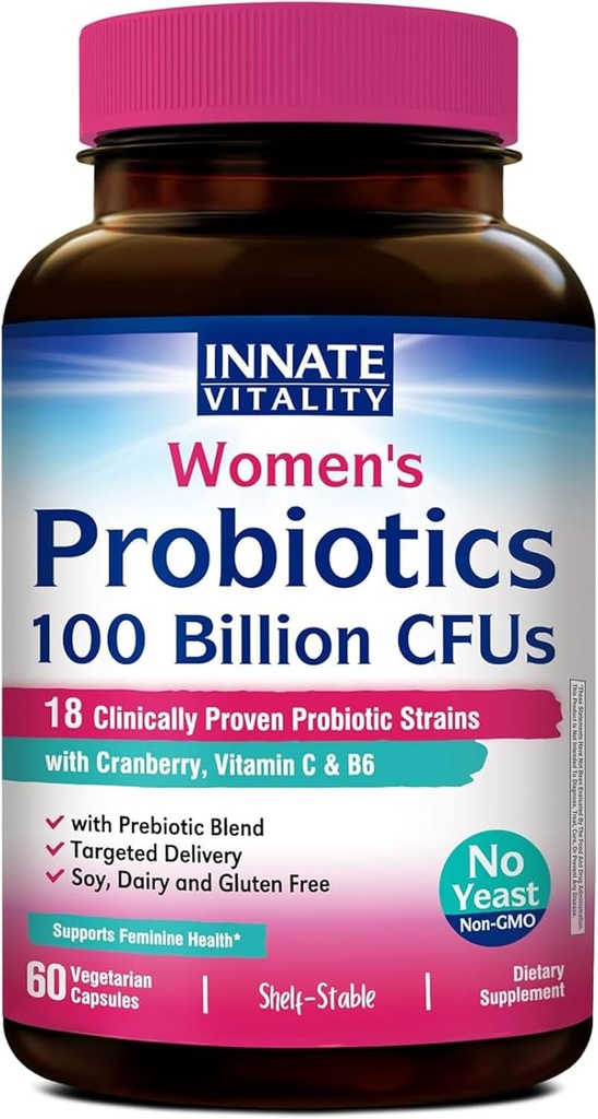 Innate Vitality Probiotics for Women, 100 Billion CFUs 18 Strains, Prebiotics and Probiotics, with Cranberry, Vitamin C & B6 P5P, Vaginal & Digestive Health, Non refrigerated, 60 Caps