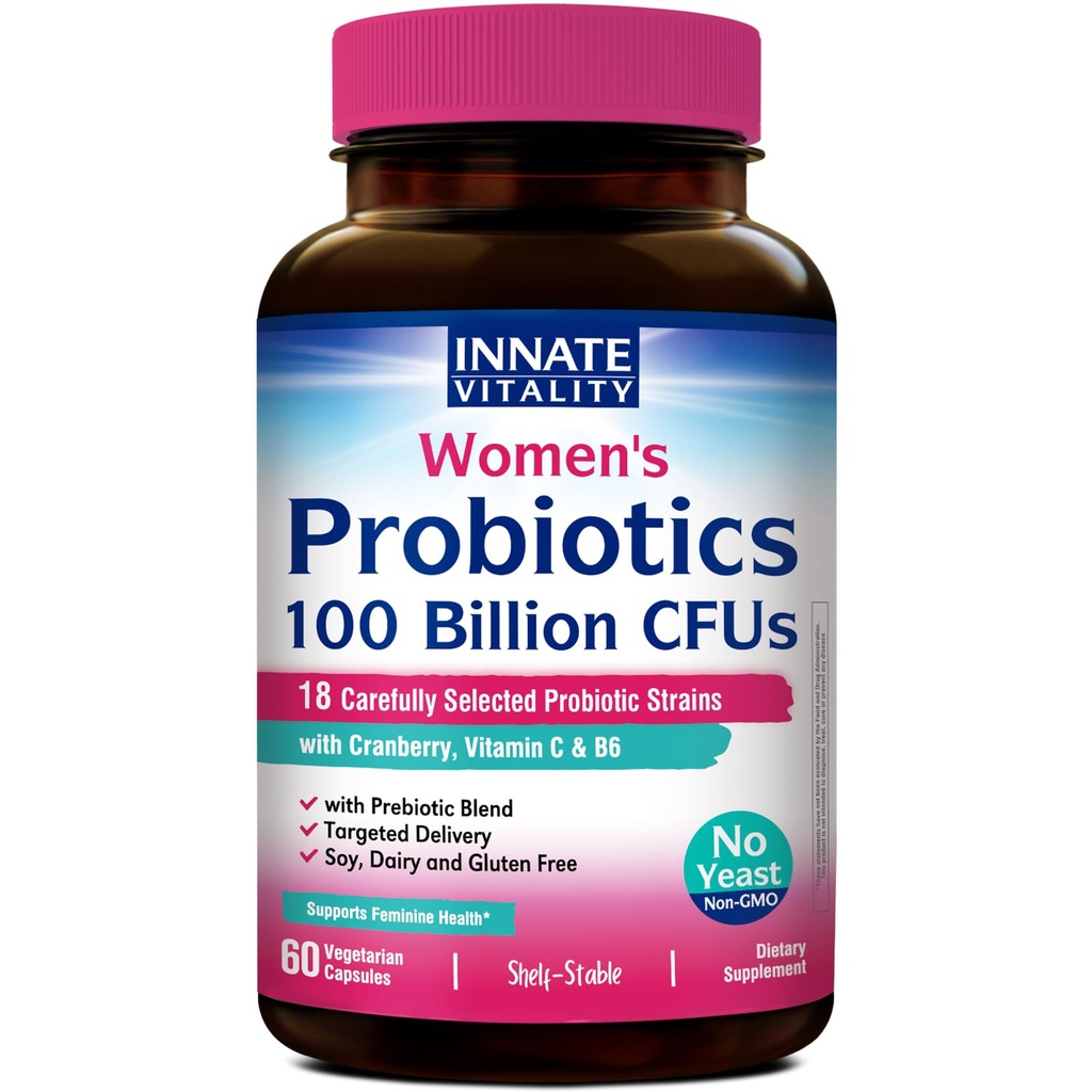 Kadınlar için Alternatif Probiyotikler, 100 Milyar CFUs 18 Strains, Prebiyotikler ve Probiyotikler, Cranberry, C & B6 P5P, Vaginal & Digestive Health, Sigara içilmez, 60 Caps