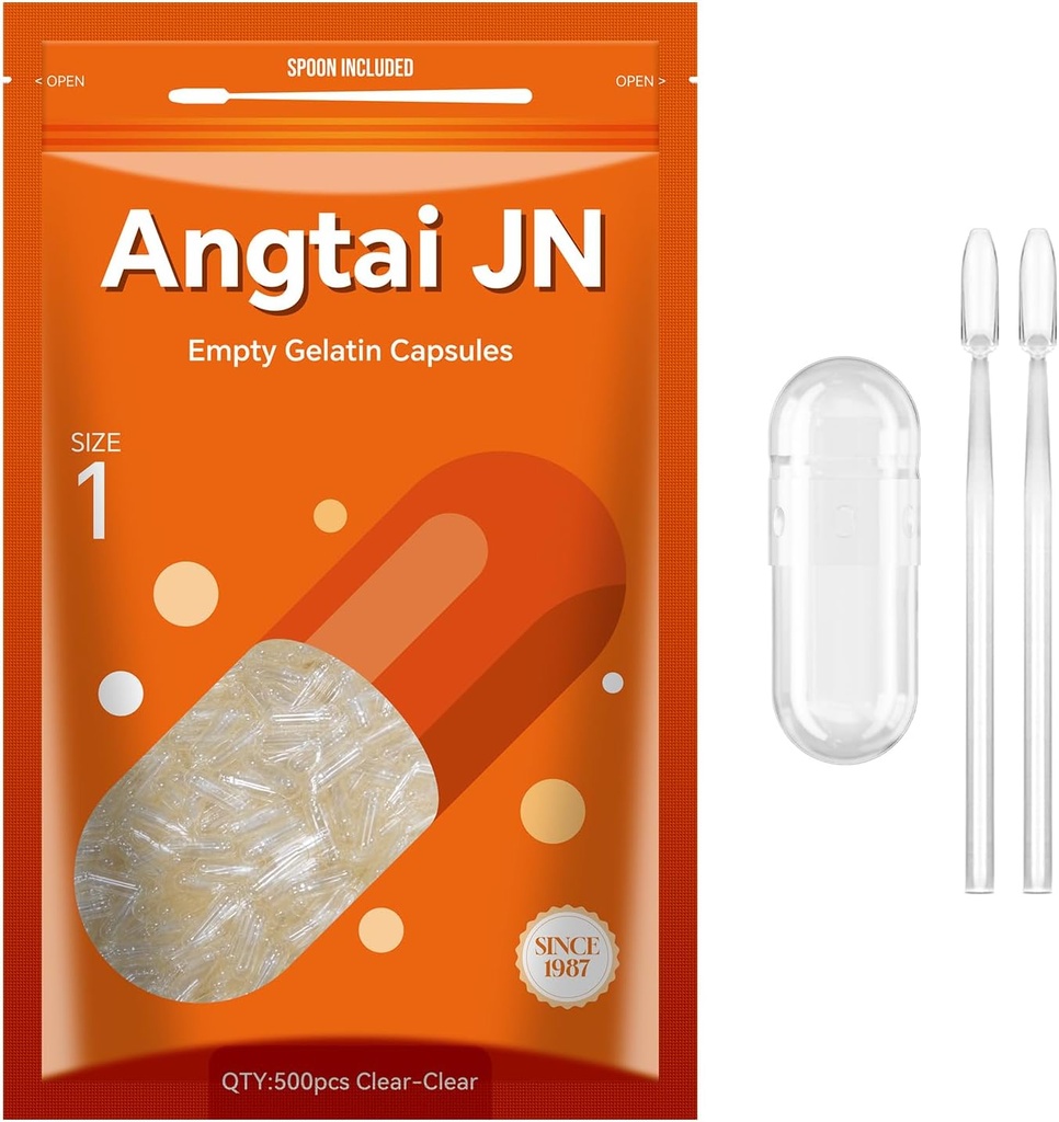 Capsules Size 1 Empty Gelatin Pill Gel Caps Pure Bovine Clear (500 Count) Gluten Free, Non-GMO, Halal Certified Filling Kit with 2 Spoons for DIY Your Own Supplements