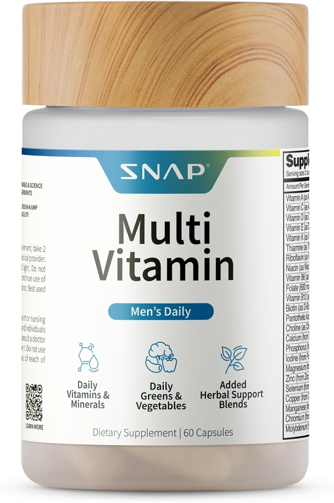Snap Supplements Men's Multivitamins - Erkekler için Günlük Vitaminler ve Mineraller - D, B12, çinko, Herbs & Vitamin C for Energy & Immune Support, Multivitamin for Men, 60 Capsules