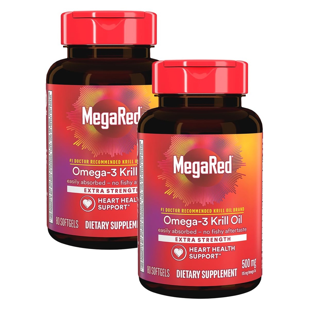 MegaRed Extra Strength 500 mg Omega-3 Krill Oil Supplement with EPA/DHA, No Fishy Aftertaste Supports Heart Health, 80 Soft Countgels (2 Pack)