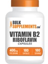 BulkSupplements.com Riboflavin Capsules - Vitamin B2 400 mg, Riboflavin 400mg - Essential B Vitamin, Gluten Free, 1 Capsule per Serving, 180 Capsules (Pack of 1)