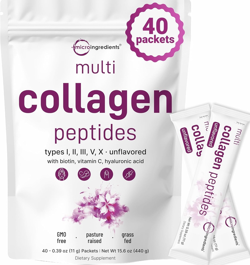 Mikro Malzemeler Multi Collagen Micro Toz, 40 Stick Packs | Tip I, II, III, V, X + Biotin, C & Hyaluronic Asit | Unflavored | Supports Saç, Skin & Ortak Sağlık | Chem, Non-GMO