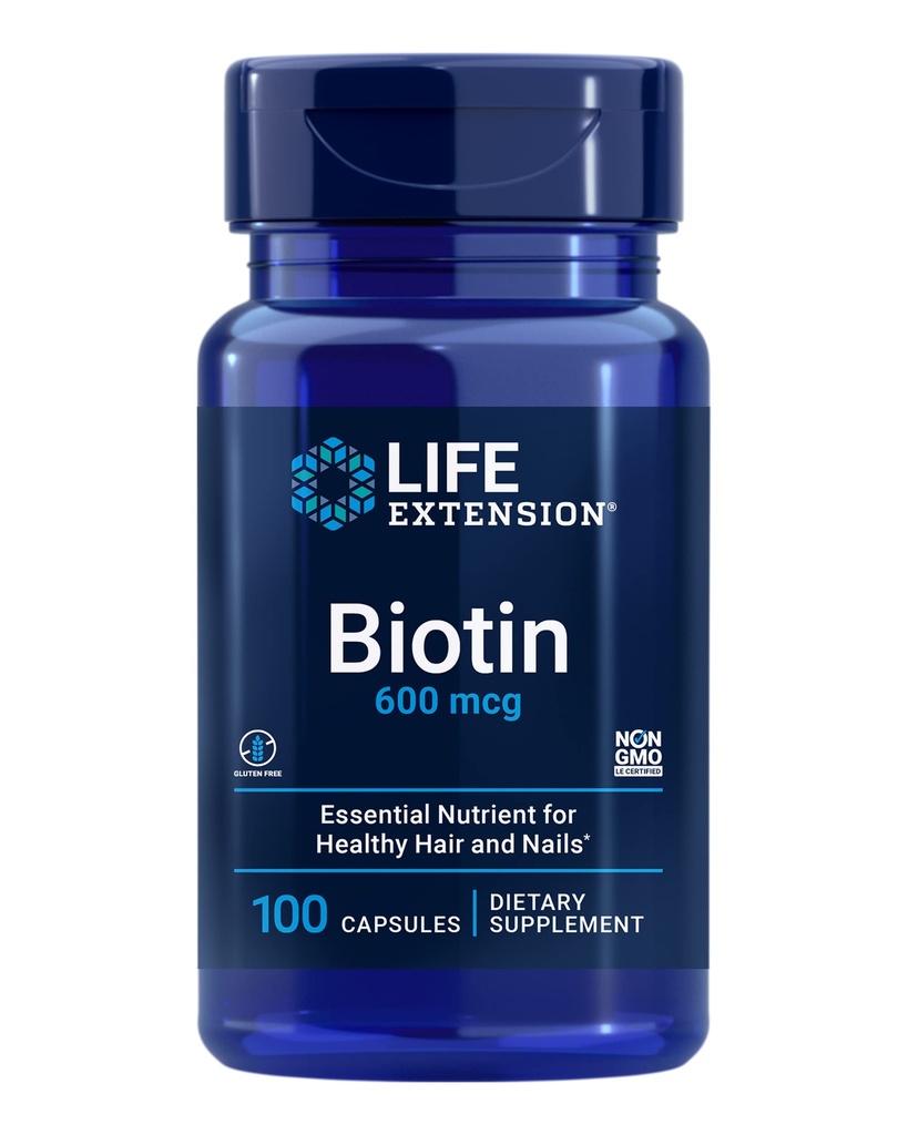 Life Extension Biotin 600 mcg B7 Support Supplement for Beautiful Hair, Nails & Beyond - Gluten-Free, Non-GMO - 100 Capsules