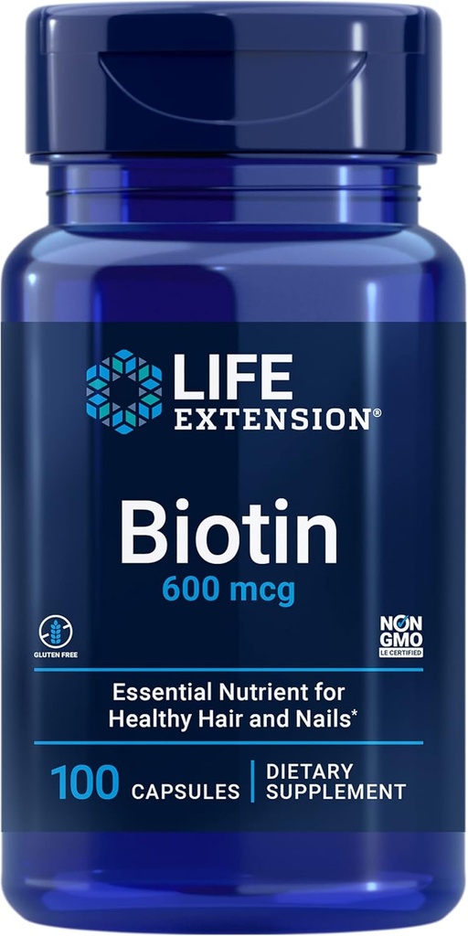 Life Extension Biotin 600 mcg B7 Support Supplement for Beautiful Hair, Nails & Beyond - Gluten-Free, Non-GMO - 100 Capsules