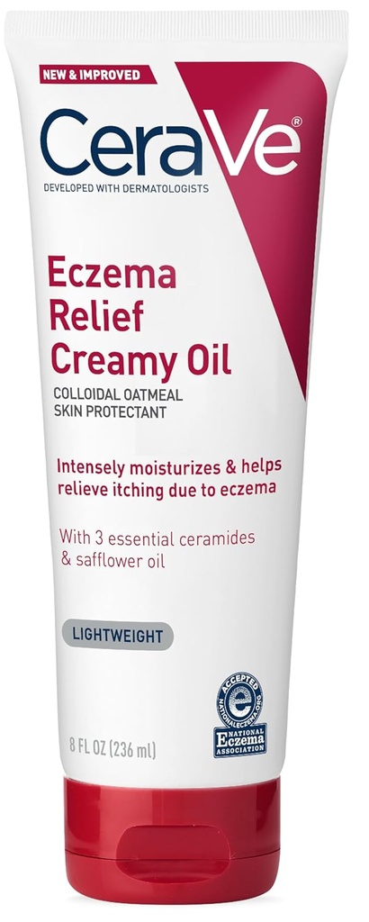 CeraVe Eczema Relief Creamy Body Oil, Eczema Calming Cream με κολλοειδές βρώμη & Λάδι Safflower για ξηρό δέρμα & Ichy Skin Relief, Steroid Free & Paraben Free, 8 Ουγγιά