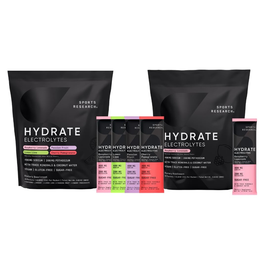 Spor Araştırmaları Hydrate Electrolytes Combo Pack - Sugar-Free & Natural Flavored with Vitamins, Minerals, and Coconut Water - Destekler Hydration - 32 Packets - Raspberry Lemonade Dominant Flavor